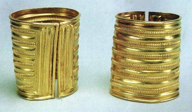 Two gold armlets, part of the Derrinboy hoard dated c. 1200 BC. Found near Kilcormac, 10 km south of Lough Boora.